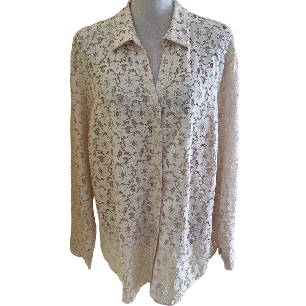 Chico's Cream/Beige Floral Lace Button Down Shirt 3(16/18)